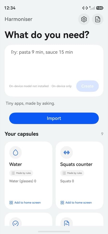 Harmoniser home screen with a request box, example chips and a grid of saved capsules